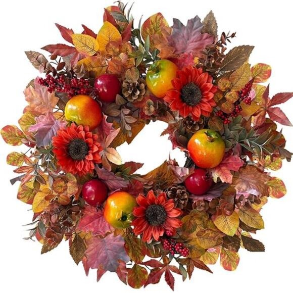 Fall Wreaths for Front Door, 24 Inch Orange Autumn Door...